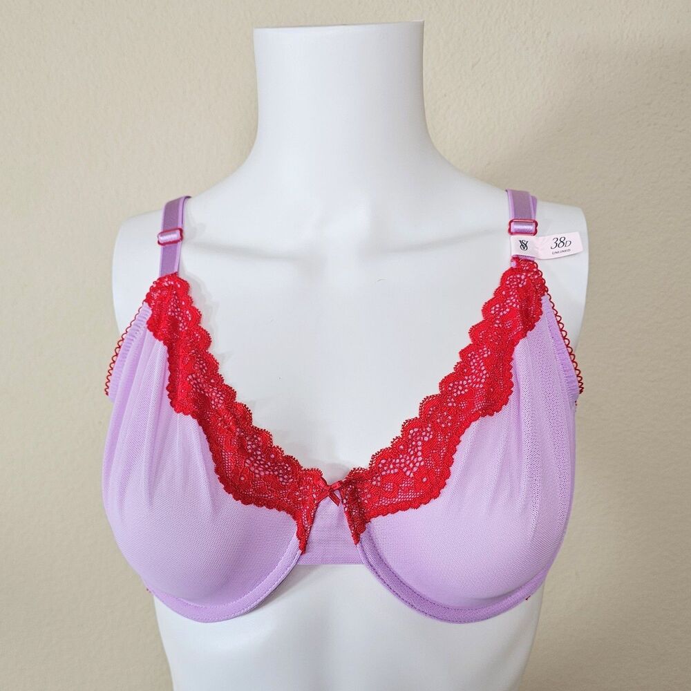 Victoria's Secret TEASE Lace-Trim Unlined Demi Bra, Lilac/Red, Size 38D